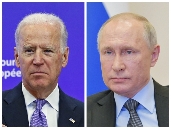 Combo photo shows U.S. President Joe Biden (L) and Russian President Vladimir Putin attending their respective events on different occasions.
