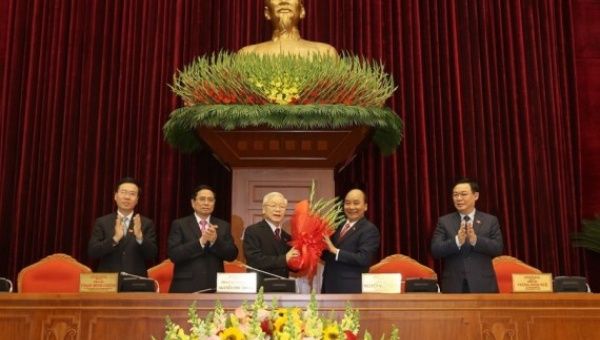 Photo taken on Jan. 31, 2021 shows the scene at the first meeting of the 13th Communist Party of Vietnam Central Committee (CPVCC)