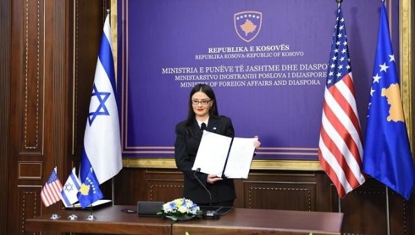 Kosovo's Foreign Affairs Minister Meliza Haradinaj Stubla at the opening of her country's embassy in Jerusalem, Israel, Feb. 2, 2021.
