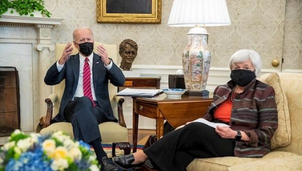 President Joe Biden and Secretary of Treasury Janet Yellen in the Oval Office, Washington, DC, U.S., Jan. 29, 2021.