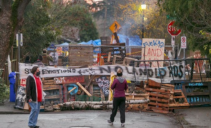 Barricades during a protest for housing equity, Oregon, U.S., Dec. 10, 2020.