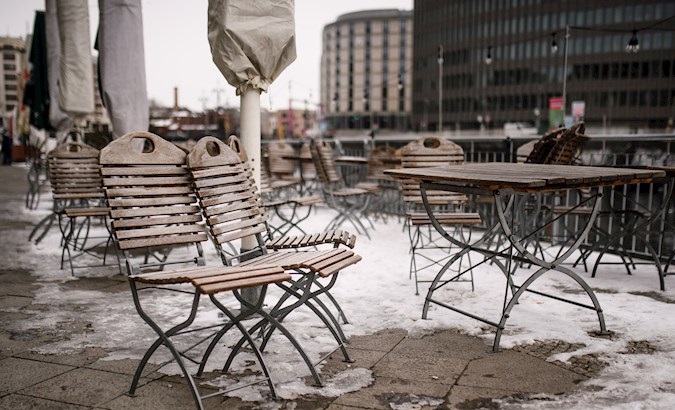 Empty open air seats of the Rhineland region related bar 'StaeV' in Berlin, Germany, Feb. 15, 2021.