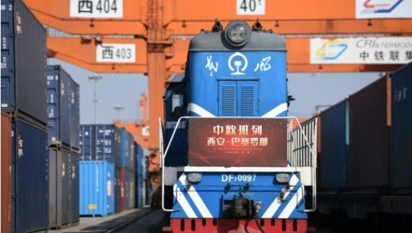 A China-Europe freight train bound for Barcelona of Spain waiting for departure in Xi'an, northwest China's Shaanxi Province, April 8, 2020.