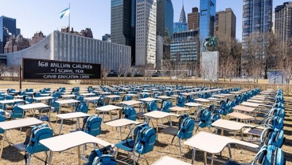 A grid of 168 desks makes up the UNICEF organized 'pandemic classroom' installation, New York, U.S., March 2, 2021.