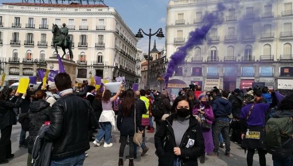 Hundreds of women demonstrate in Puerta del Sol square on March 8, 2021.