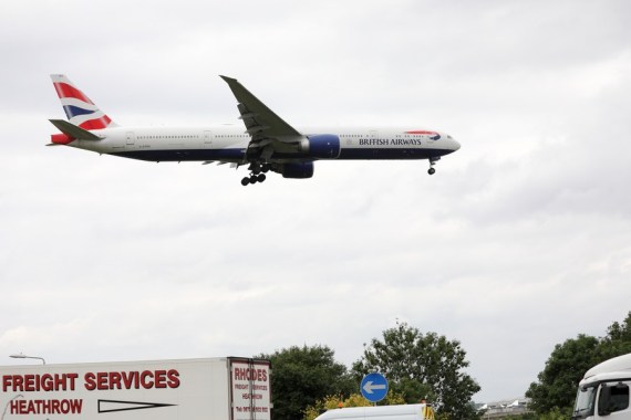 Photo taken on June 8, 2020 shows a plane of British Airways landing at Heathrow Airport in London, Britain.