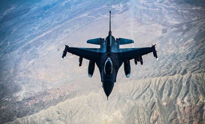 A U.S. Air Force F-16C Fighting Falcon flying over Afghanistan, 2018.
