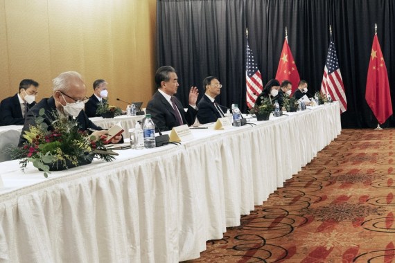 Chinese State Councilor and Foreign Minister Wang Yi puts forward China's stands on relevant issues at the start of the high-level strategic dialogue with the United States in the Alaskan city of Anchorage on March 18, 2021.