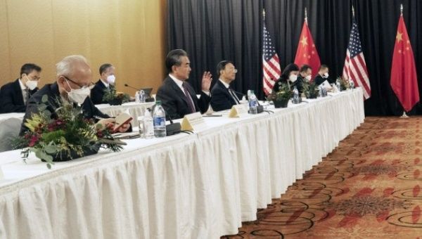 Chinese State Councilor and Foreign Minister Wang Yi puts forward China's stands on relevant issues at the start of the high-level strategic dialogue with the United States in the Alaskan city of Anchorage on March 18, 2021.