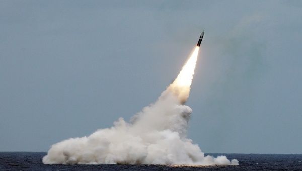 Trident intercontinental missile (SLBM) launched from a British nuclear submarine, UK, March 15, 2021.