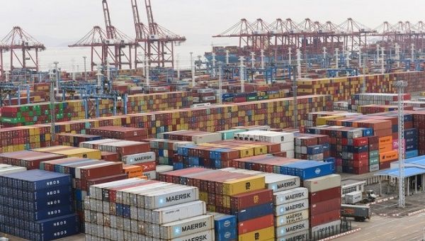 Containers piled up at the Ningbo Zhoushan Port in Ningbo, China, March 3, 2021.