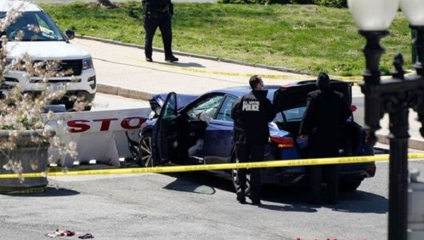 Car crashed into a barricade outside the Capitol, Washington DC, U.S., April 2, 2021. 