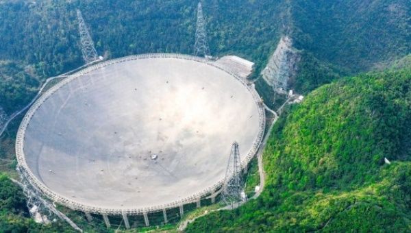 Aerial photo taken on March 28, 2021 shows China's Five-hundred-meter Aperture Spherical radio Telescope (FAST) under maintenance in southwest China's Guizhou Province.