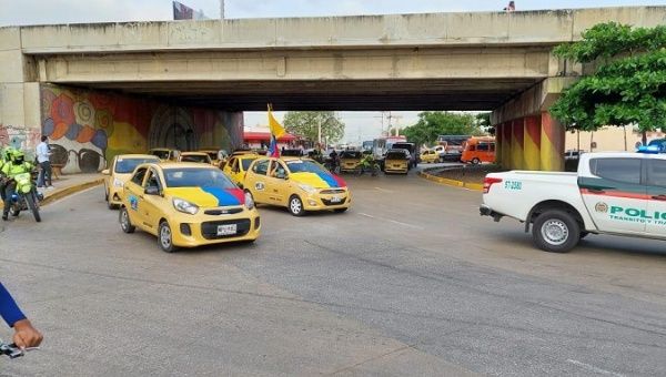 Taxi drivers block access roads to Barranquilla, Colombia, May 3, 2021.