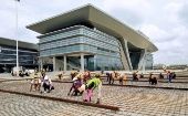 Nigerians build Lagos train station on May 5, 2021.