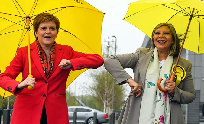 Scotland Prime Minister Nicola Sturgeon (L) and the first woman of collor elected to the Scotish Parliament Kaukab Stewart (R), Scotland, UK, May 8, 2021.