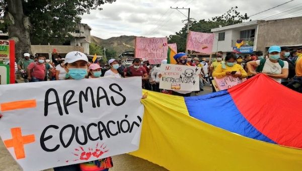 Farmers protest against the government in Meta, Colombia, May 12, 2021.