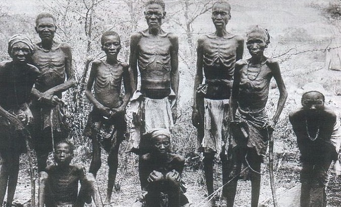 Herero people in the Shark Island concentration camp, South West Africa.
