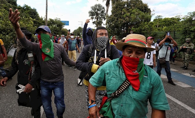 Farmers and Indigenous people at a demonstration in Cali, Colombia, May 9, 2021.