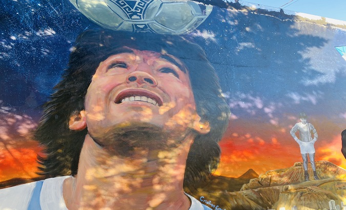 Diego Maradona's mural in Comodoro city, Argentina, Jan. 23, 2021.