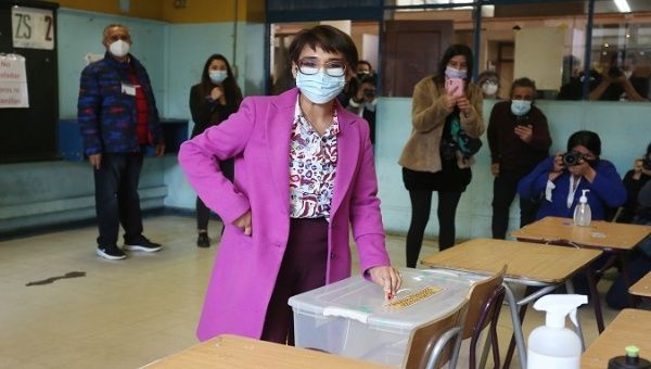 The leftist candidate for the Metropolitan region Governor post Karina Oliva votes in Santiago, Chile, Jun. 13, 2021.