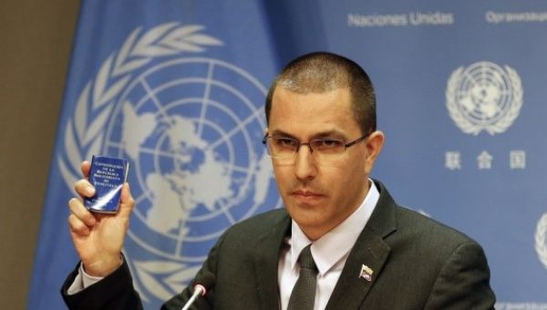 Venezuelan Foreign Minister Jorge Arreaza speaks to journalists during a press conference at the UN headquarters in New York, on Feb. 12, 2019.