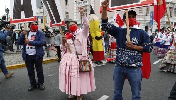 Supporters of Pedro Castillo demonstrate in Lima, Peru, Jun. 19, 2021.