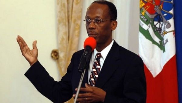 Ex-President Jean-Bertrand Aristide at a press conference, Haiti.