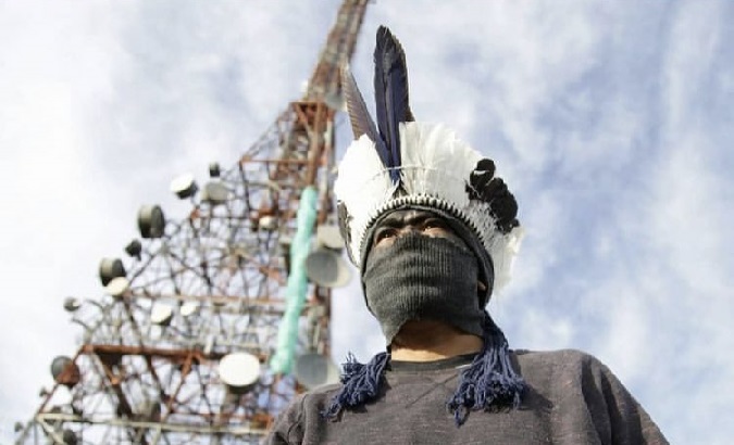 Indigenous leader at the TV transmission towers in Sao Paulo, Brazil, June 30, 2021.