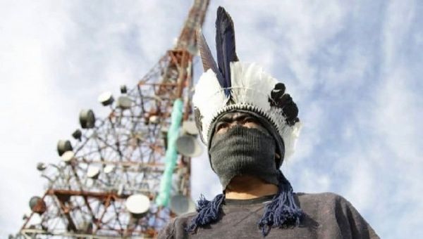 Indigenous leader at the TV transmission towers in Sao Paulo, Brazil, June 30, 2021.