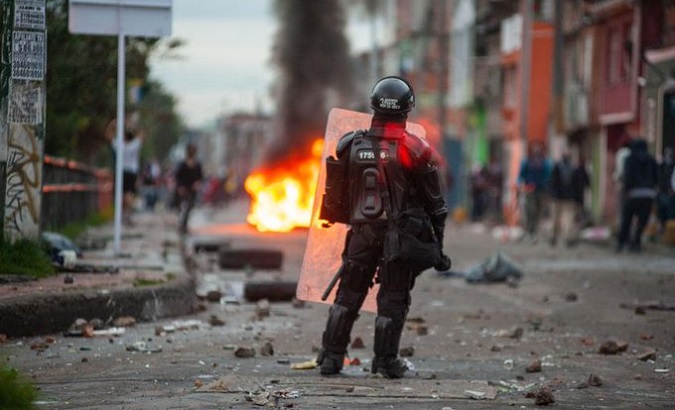 A member of the Mobile Anti-Riot Squad in Colombia, June 2021.