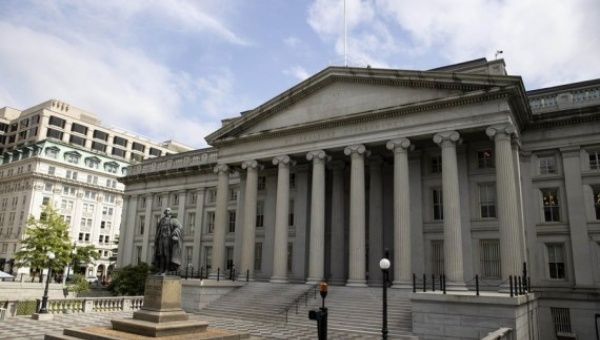 Photo taken on May 21, 2020 shows the U.S. Treasury Department building in Washington D.C., the United States.