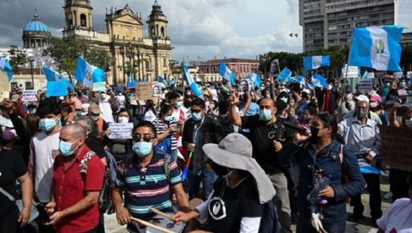 Citizens march during the national strike, Guatemala City, Guatemala, July 2021.