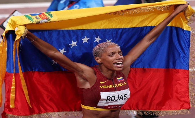 Yulimar Rojas after beating the world record and winning her Olympic title, Tokyo, Japan, Aug. 1, 2021.