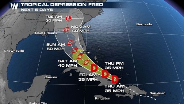 Most likely track of tropical depression Fred, Aug. 12, 2021. 