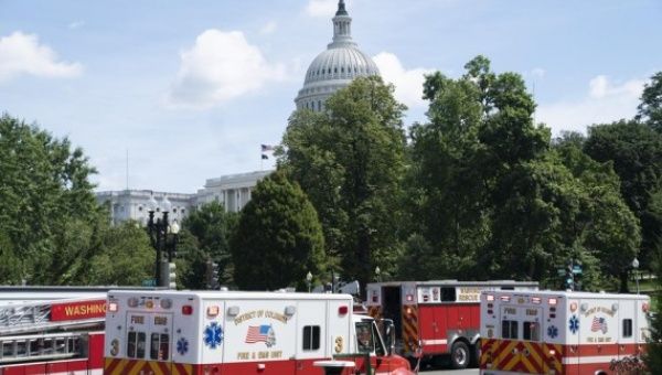 First responders' vehicles are seen near the Capitol building in Washington, D.C., the United States, on Aug. 19, 2021.