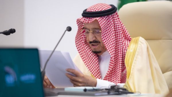 Saudi King Salman bin Abdulaziz Al Saud delivers his closing remarks at the G20 summit in Riyadh, Saudi Arabia, on Nov. 22, 2020.