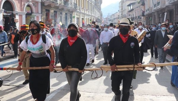 Indigenous peoples take to the streets to reject President Guillermo Lasso's denials to their demands, Quito, Ecuador, Oct. 4, 2021. 