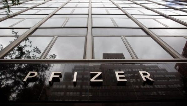 Photo taken on Aug. 23, 2021 shows Pfizer signage at Pfizer's World Headquarters in New York, United States.