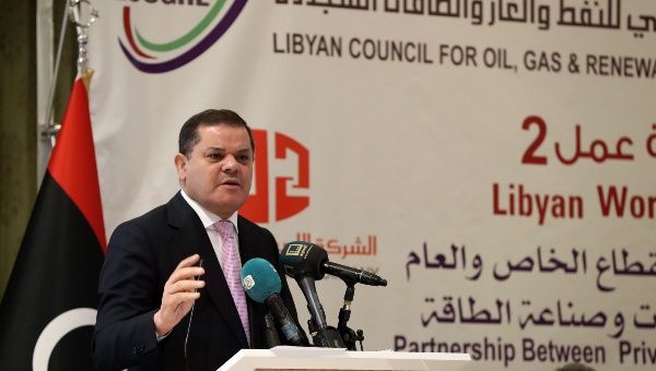 Libyan Prime Minister Abdul-Hamid Dbeibah gives a speech during a workshop in the industry and services of energy in Tripoli, Libya, on Oct. 25, 2021