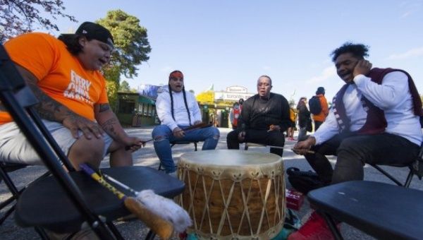 An Indigenous band performs at a commemoration event during the first National Day for Truth and Reconciliation in Toronto, Ontario, Canada, on Sept. 30, 2021.