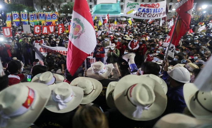 Citizens take part in a demonstration to support President Pedro Castillo, Lima, Peru, 2021.