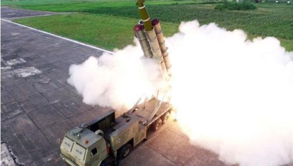 Photo provided by Korean Central News Agency (KCNA) on Aug. 25, 2019 shows the test-firing of newly developed super-large multiple rocket launcher of the Democratic People's Republic of Korea (DPRK) on Aug. 24, 2019.
