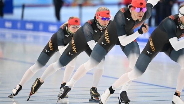 Athletes in a training session at the National Speed Skating Oval in Beijing, China, Jan. 31, 2022.