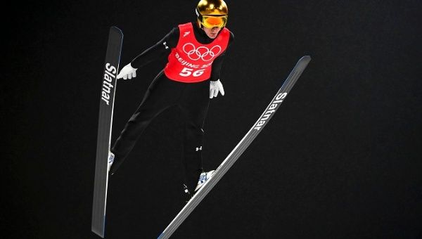 Slovenia's Cene Prevc at the National Ski Jumping Centre in Zhangjiakou, China, Feb. 3, 2022.