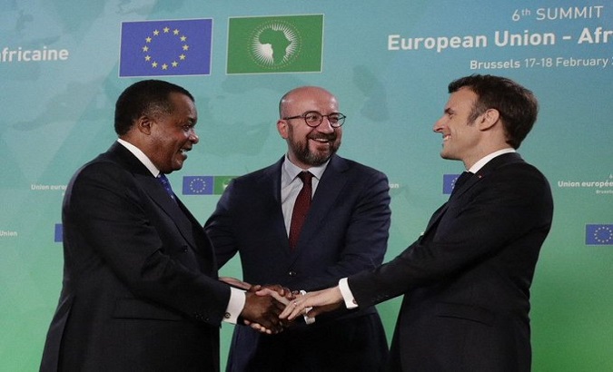 Congo's President Denis Sassou (L), European Council President Charles Michel (C), and President Emmanuel Macron (R).