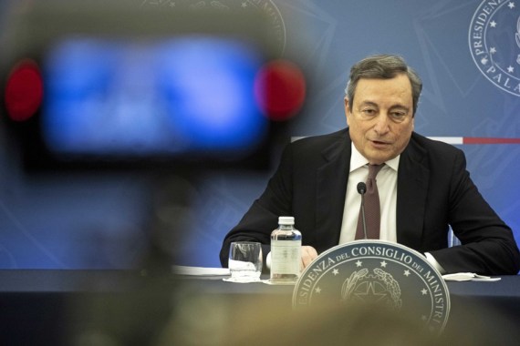 Italian Prime Minister Mario Draghi attends a joint press conference in Rome, Italy, on Jan. 10, 2022.