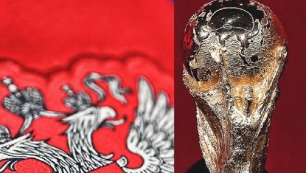 Image showing the coat of arms of Russia (L) and the FIFA coup (R).