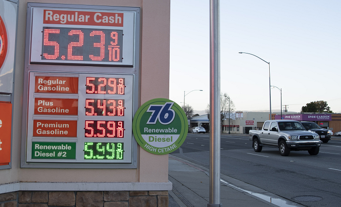 Diesel and gasoline prices at a gas station in Millbrae, California, U.S., March 6, 2022.