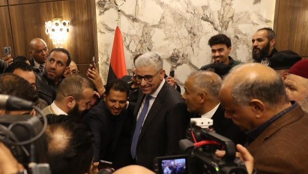 Fathi Bashagha is seen at a press statement in Tripoli on Feb. 10, 2022